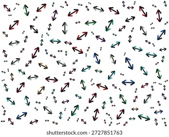 Patrón inconsútil de la flecha colorida en el fondo blanco con el diseño abstracto de las direcciones al azar, patrón inconsútil de las flechas direccionales multicolores en el fondo blanco textura gráfica abstracta moderna, flechas coloridas al azar que apuntan múltiples direcciones patrón abstracto del fondo blanco inconsútil