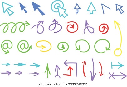 Colorful arrow set, various sketch Doodle Arrows, Direction pointers Shapes and Objects. Free color lines, curves, dots, spiral.