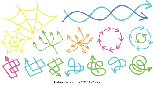 Vector de conjunto de flecha colorido. Conjunto de colores de flecha esquemática.