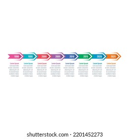 colorful arrow signs timeline template. eight options infographic template. business, education, magazine, annual report, internet information template