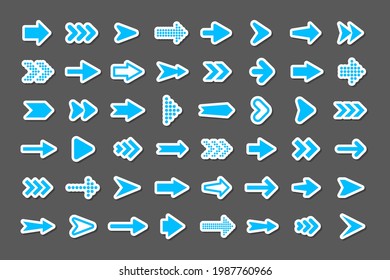 Colorful arrow stickers set. Blue cursor icons, pointers collection. Simple arrows in different shapes. Next, back web signs. Vector illustration.