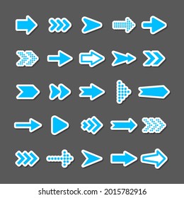 Colorful arrow stickers set. Blue cursor icons, pointers collection. Simple arrows in different shapes. Next, back web signs. Vector illustration.