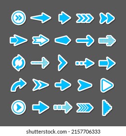 Colorful arrow stickers set. Blue cursor icons, pointers collection. Simple arrows in different shapes. Next, back web signs. Vector illustration.