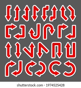 Colorful arrow stickers set. Red pointers collection. Simple arrows in different shapes. Direction signs. Vector illustration.