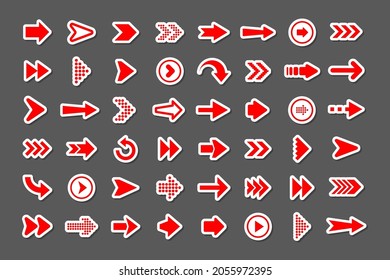 Colorful arrow stickers set. Red cursor icons, pointers collection. Simple arrows in different shapes. Next, back web signs. Vector illustration.