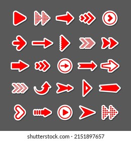 Colorful arrow stickers set. Red cursor icons, pointers collection. Simple arrows in different shapes. Next, back web signs. Vector illustration.