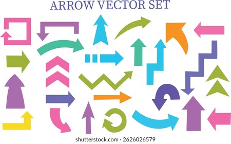 Colorful arrow vector doodle set featuring bold, playful, curved, and abstract arrows. Perfect for infographics, presentations, web design, social media graphics, marketing, icons, UI elements