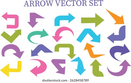 Colorful arrow vector doodle set featuring bold, playful, curved, and abstract arrows. Perfect for infographics, presentations, web design, social media graphics, marketing, icons, UI elements