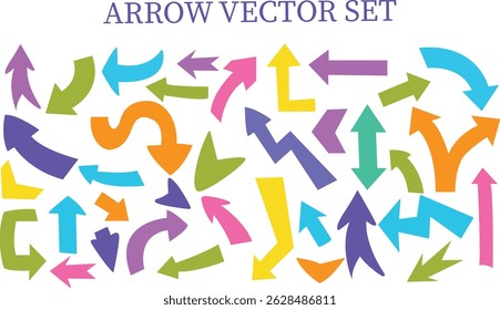 Colorful arrow vector doodle set featuring bold, playful, curved, and abstract arrows. Perfect for infographics, presentations, web design, social media graphics, marketing, icons, UI elements