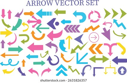 Colorful arrow vector doodle set featuring bold, playful, curved, and abstract arrows. Perfect for infographics, presentations, web design, social media graphics, marketing, icons, UI elements