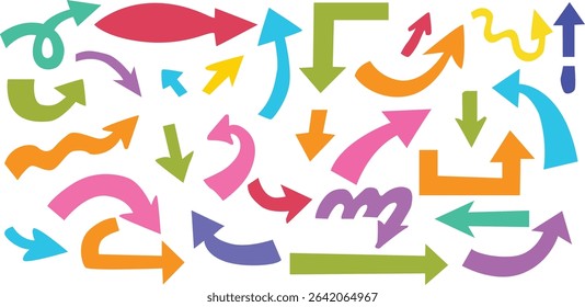 Colorful arrow vector doodle set featuring bold, playful, curved, and abstract arrows. Perfect for infographics, presentations, web design, social media graphics, marketing, icons, UI elements