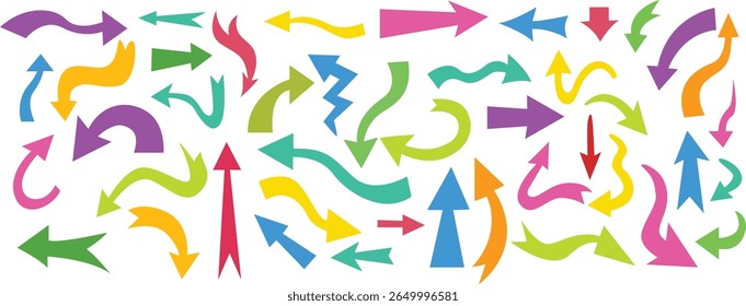Colorful arrow vector doodle set featuring bold, playful, curved, and abstract arrows. Perfect for infographics, presentations, web design, social media graphics, marketing, icons, UI elements
