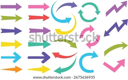 Colorful arrow vector doodle set featuring bold, playful, curved, and abstract arrows. Perfect for infographics, presentations, web design, social media graphics, marketing, icons, UI elements