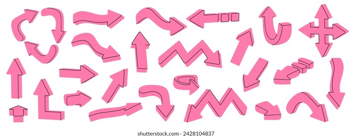 Colorful arrows. Abstract cartoon icons. Pointers for presentation or infographic. 3d modern design. Simple and curved, zigzag and swirl. Vector isolated illustration on white background