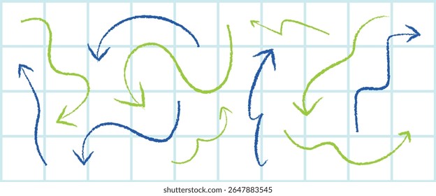 Colorful arrows in blue and green on a grid background. Curved and straight arrows, blue and green, create a dynamic pattern on the grid. Arrows on grid. Doodle element vector set.