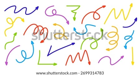Colorful Arrows Doodle Set. Collection of multicolored handdrawn arrows in various curved shapes and directions. Playful doodle vector elements for infographic, presentation, creative design project.