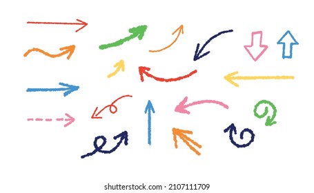 Colorful arrows drawn with crayons. Vector doodle illustration set.