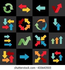 Colorful arrows flat icons different colors and variants. Arrow web symbols. Modern icons set. Concepts for web and mobile apps. Flat design vector illustration.