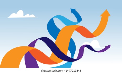 Colorful arrows floating in the sky. Concept of making a decision what direction to take. Vector illustration