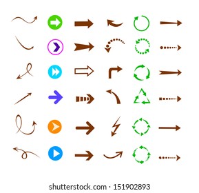 colorful arrows icon set, straight, curve, circle, angle, button and draw on white background