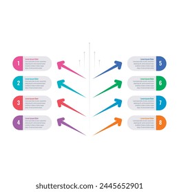 flechas coloridas Plantilla infográfica. revista, informe anual Plantilla infográfica. ocho pasos Plantilla informativa. Infografía Plantilla para el mundo de la educación, ciencia, salud, negocios, economía