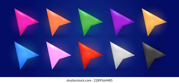 Colorful arrows, mouse cursors for computer game and ui design. Vector cartoon set of glossy pointers, cute arrow buttons and icons for user interface isolated on blue background