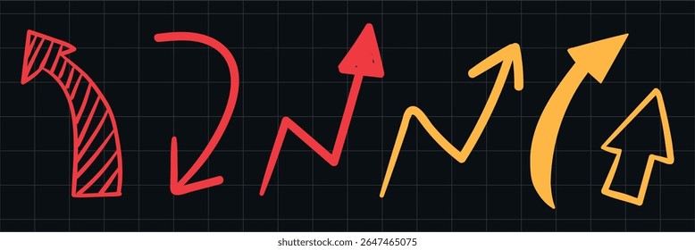 Colorful arrows on a black grid background. Red and yellow arrows in various shapes. Dynamic and vibrant arrows for design. Arrows pointing in different directions. Colorful elements vector set.