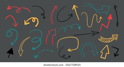 Colorful arrows on a gray background. Arrows in various shapes and colors. Curved, straight, and zigzag arrows. Arrows in red, yellow, and teal. Colorful elements vector set.