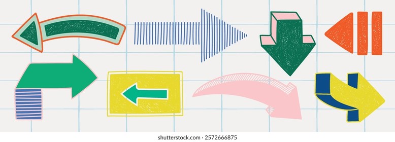 Colorful arrows on grid paper. Various arrows in green, blue, yellow, and red. Arrows pointing in different directions on a grid background. Colorful elements vector set.