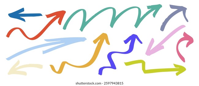 Colorful arrows on white background. Collection of hand drawn arrows sketched on paper, grungy, textured and freestyle. Vector set, arrows direction left, right, down, up, process, and loading. 
