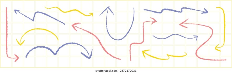 Colorful arrows in red, blue, and yellow on a grid background. Arrows in various directions and styles. Arrows create dynamic movement and visual interest. Doodle element vector set.
