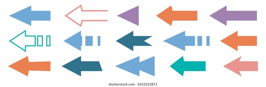 Colorful arrows set . Arrow cursor vector icon. Bold points arrow collection. Blue, orange, green, yellow colors. Vector design element. Vector illustration.