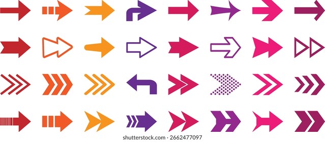 Conjunto de flechas de colores . Icono de Vector de cursor de flecha. Colección de flecha de puntos en negrita. Colores azul, naranja, verde, amarillo. Elemento de diseño de Vector. Ilustración vectorial.