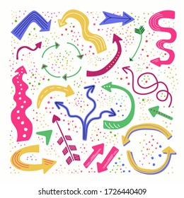 Colorful arrows set isolated on white background. Flat vector symbols illustration. Different shaped arrows and dots. Hand drawn doodle elements. Fully editable clipart arrows and dots collection. 