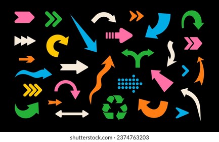 Colorful arrows set on dark background. Abstract icons in modern sketch style. Trendy Y2K retro pointers. Cartoon vector illustration.
