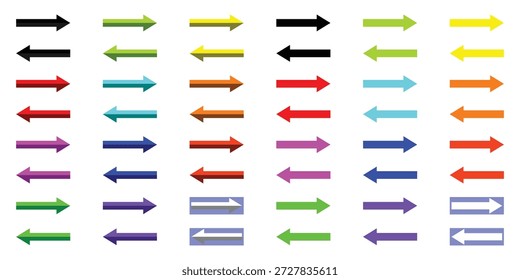 Conjunto de flechas de colores que apuntan a la izquierda y la derecha iconos de dirección para navegación e información gráfica.