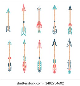 Colorful arrows set in style flat. Ethnic collection with doodle arrows for your design. Vector illustration on white isolated background