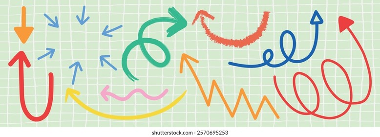 Colorful arrows in various directions on a grid background. Arrows in red, blue, green, and yellow. Arrows pointing up, down, and sideways. Colorful elements vector set.