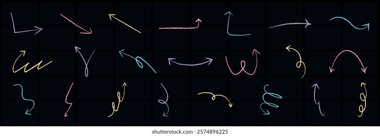 Colorful arrows in various directions on a black background. Arrows pointing left, right, up, and down. Curved and straight arrows in multiple colors. Doodle element vector set.