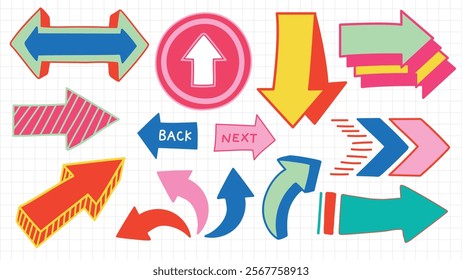 Colorful arrows in various directions. Arrows pointing up, down, left, right. Bright arrows with different designs. Arrows on a grid background. Colorful elements vector set.