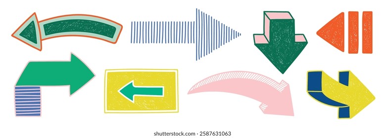Colorful arrows in various directions. Arrows pointing left, right, up, and down. Green, blue, red, and yellow arrows in different styles and shapes. Colorful elements vector set.