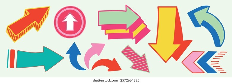 Colorful arrows in various directions. Arrows in red, blue, green, and pink. Diverse arrow shapes and styles. Bright arrows pointing up, down, left, and right. Colorful elements vector set.