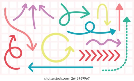 Colorful arrows in various directions and styles on a light grid background. Arrows in red, yellow, blue, and pink. Dynamic and playful arrow designs. Colorful elements vector set.
