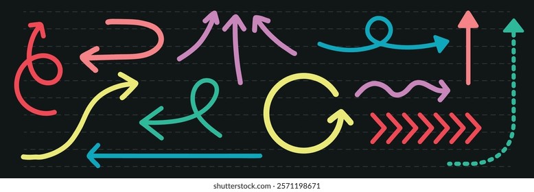 Colorful arrows in various shapes and directions on a dark background. Curved, straight, and wavy arrows in pink, purple, yellow, and green. Colorful elements vector set.