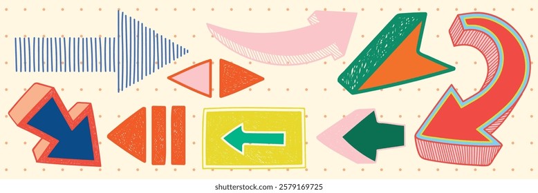 Colorful arrows in various shapes and sizes, including curved, straight, and zigzag designs. Bright arrows in orange, blue, and green patterns. Colorful elements vector set.