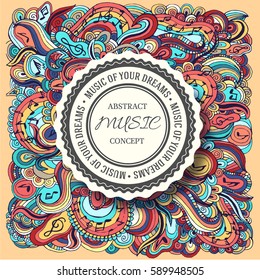 Colorful art abstract doodle music illustration background with place for text on label. Template for you design, web and mobile applications concept