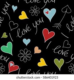 Colorful art for cards, packaging, paper, typography, business card, tissues. Seamless vector heart pattern, valentines. Hearts, letter and flower in red, green and yellow colors on a black background