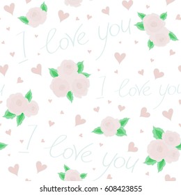 Colorful art for cards, packaging, paper, typography, business card, tissues. Seamless vector heart pattern, valentines. Hearts, letter and flower in neutral colors on a white background.