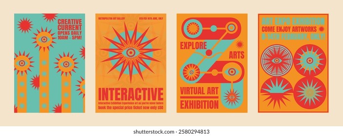 Colorful art exhibition posters with abstract designs. Interactive art, creative exhibitions, and virtual art. Bold, vibrant, and eye-catching graphics. Psychedelic retro poster template vectors.