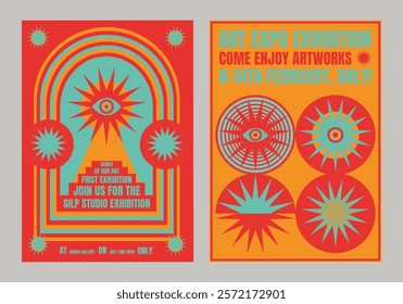 Colorful art exhibition posters with bold designs. Eye-catching graphics in red, orange, and teal. Vibrant, retro style. Art, exhibition, posters. Psychedelic retro poster template vectors.